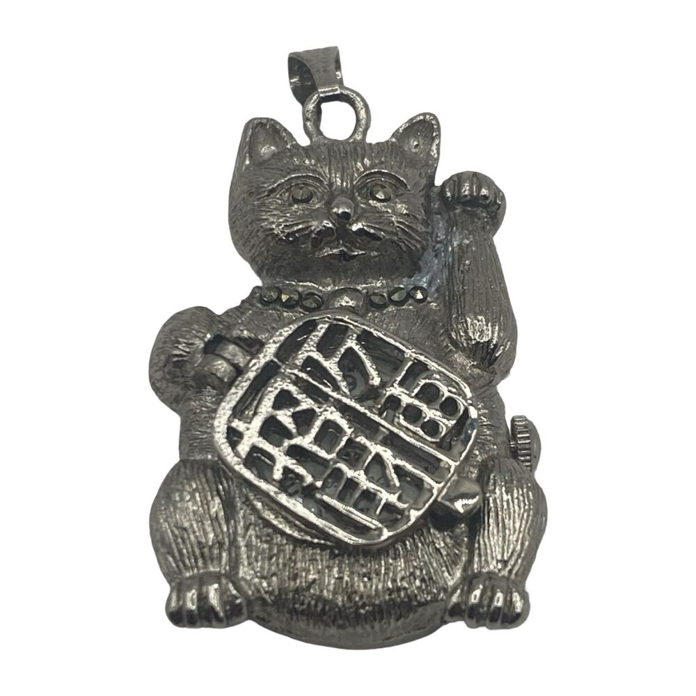 Vintage RONICA Rhinestone & Silver Tone Cat Pendant Watch